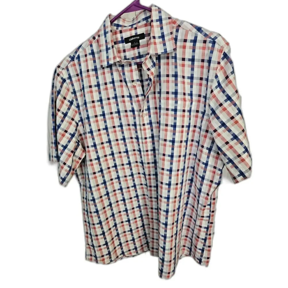 Claiborne Mens Button Up Shirt Size L 100% Cotton Resort Wear Colorful Patriotic